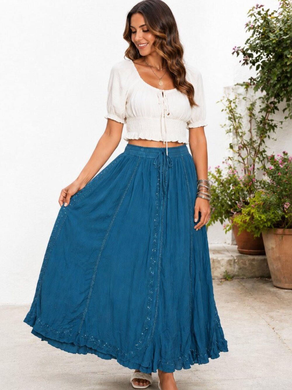 Sahiba Teal Blue Crinkle Maxi Skirt Free Size Boho Embroidered India Viscose